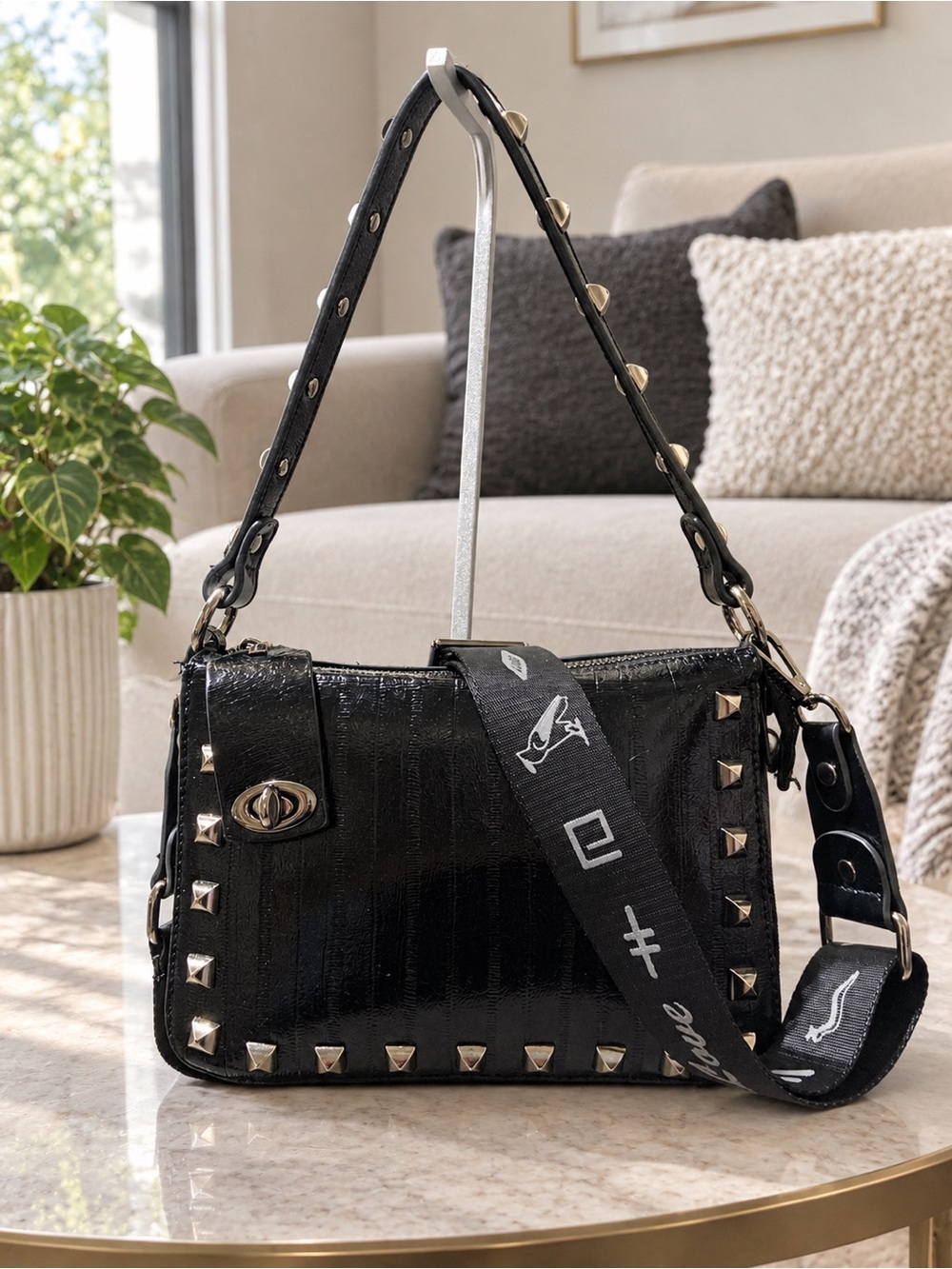 Sharif Legacy Eel Skin Leather Rocketed Top Zip Crossbody gun metal hardware
